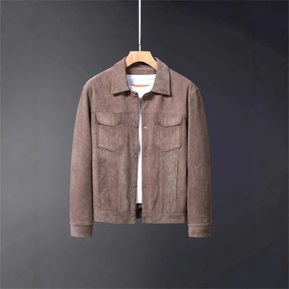 Brown suede jacket with button front and flap chest pockets on wooden hanger