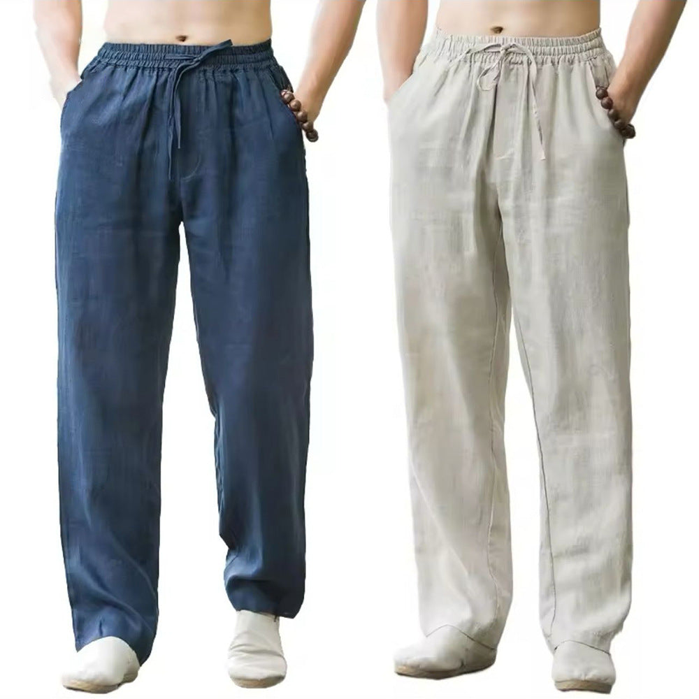 Two pairs of men's casual linen drawstring pants in navy blue and beige with elastic waistbands