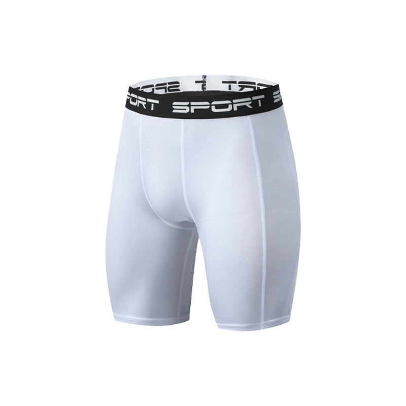 White men's compression sport shorts with black elastic waistband and SPORT text