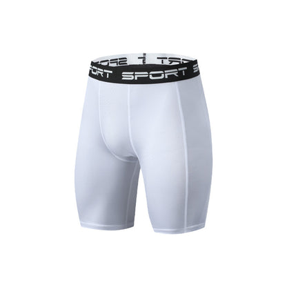 White men's compression sport shorts with black elastic waistband and SPORT text