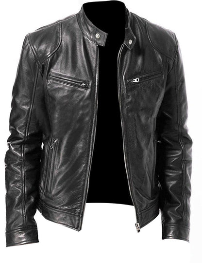 PU Leather Jacket Slim Fit Zipper Front Coat For Men - Business Style