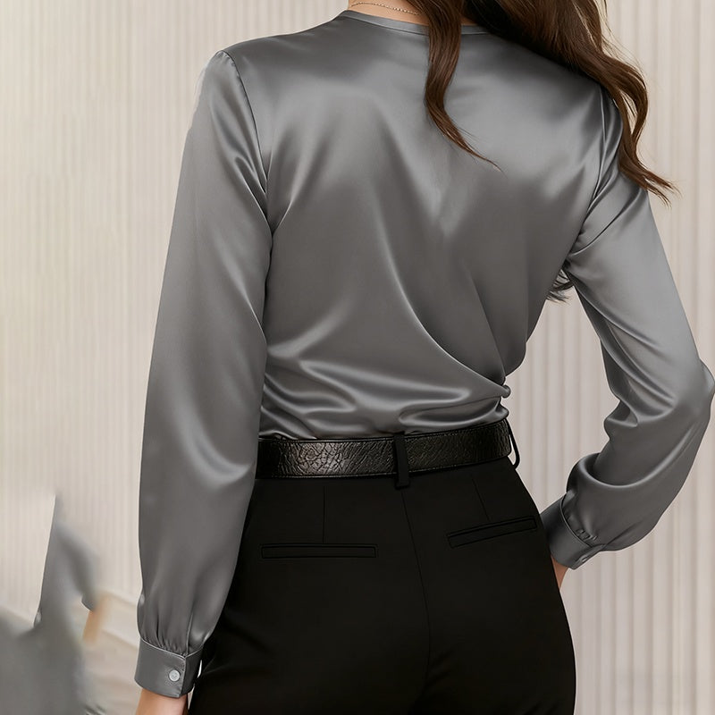 Women's Elegant Cross V-Neck Blouse, Ruffle Detail Button Accent Office Shirt For Casual Wear