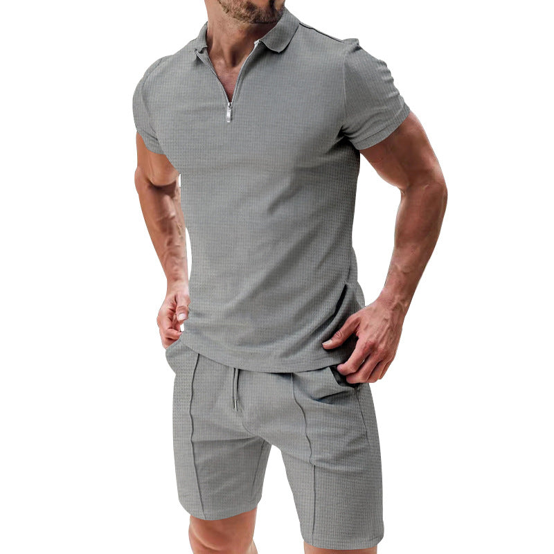 Casual Waffle Suit - Summer T-Shirt Set With Zipper Lapel Collar And Drawstring Shorts
