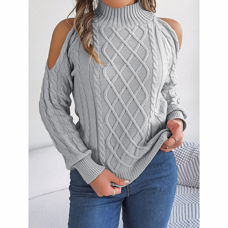 Women's Cold Shoulder Pullover - High Neck Long Sleeve Lightweight Sweater Top