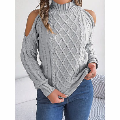 Women's Cold Shoulder Pullover - High Neck Long Sleeve Lightweight Sweater Top