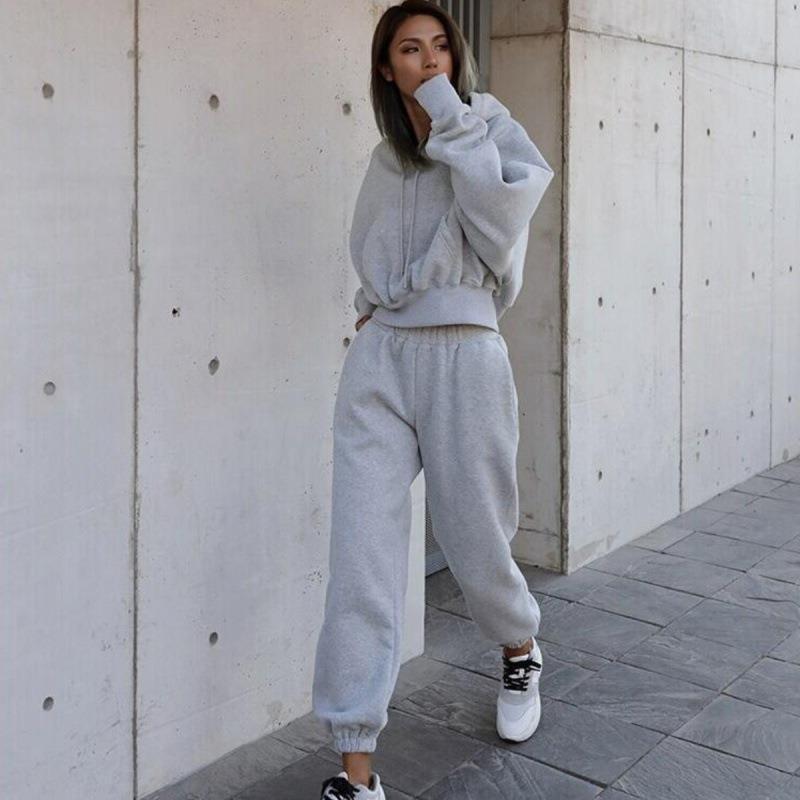 Women's Casual Hoodie - Autumn Winter Wear Grey Hoodie Set Long Sleeve
