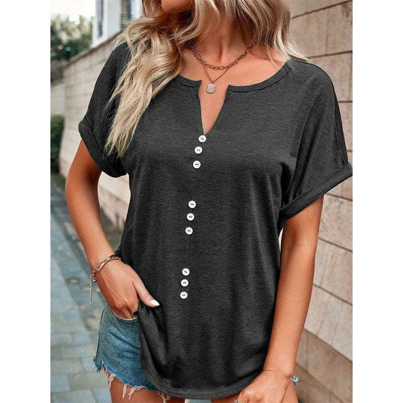 V Neck Blouse - Summer Tops With Button Design & Loose Fit Shirt