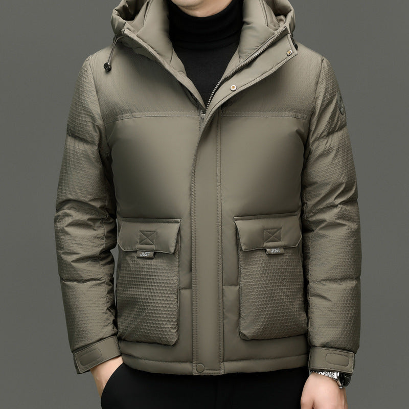 Men's olive green padded winter jacket with textured sleeves and front flap pockets