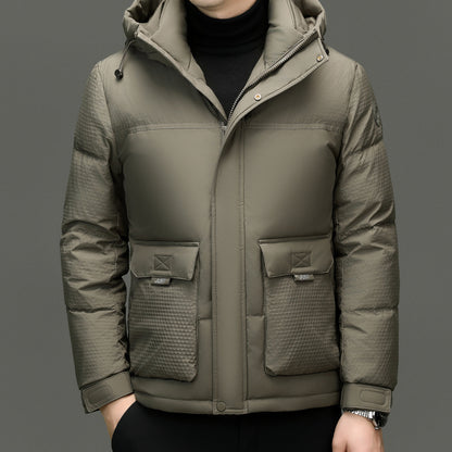 Men's olive green padded winter jacket with textured sleeves and front flap pockets