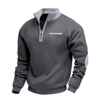 dark gray quarter-zip pullover sweater with light gray collar, pocket trim, and elbow patches