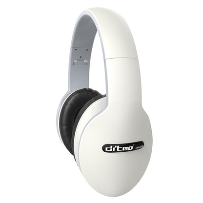 White over-ear drtmo DM-4500 wireless headphones with black cushioned ear pads on white background