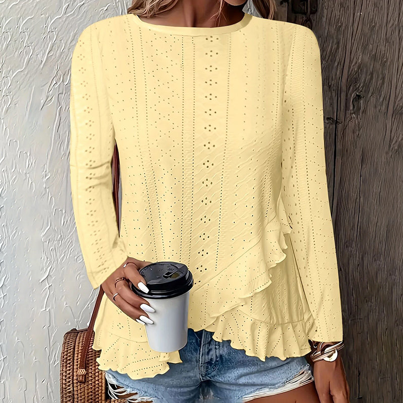 Women Eyelet Tops - Long Sleeve Blouse With Ruffle Hem | Lightweight Summer Workwear