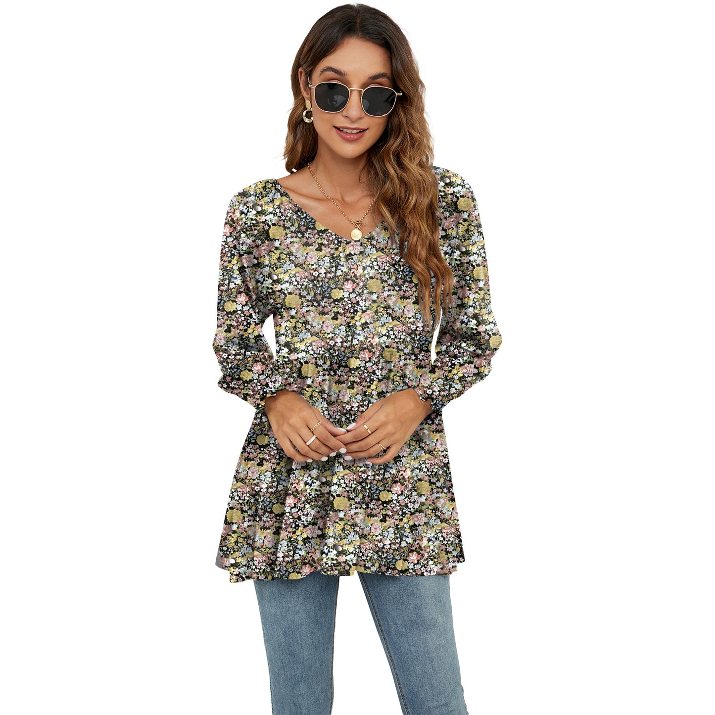 Long Puff Sleeve Tops Women’s Floral Blouse | Casual V Neck Shirt | Cotton Babydoll Tee