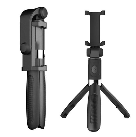 Black foldable selfie stick tripod with remote shutter and phone holder, compact portable design