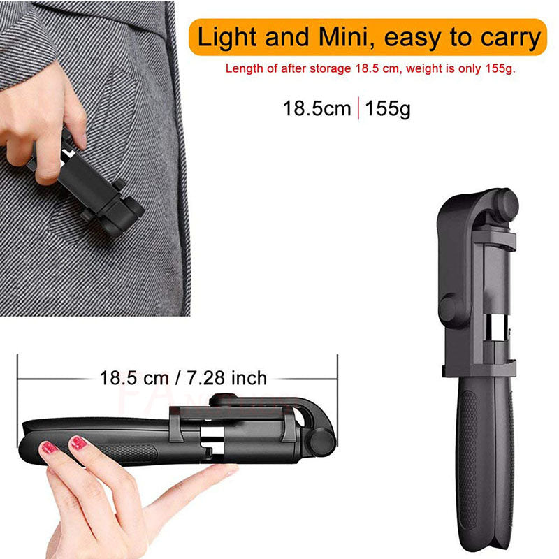 Compact black foldable selfie stick tripod, 18.5 cm long and 155g, held in hand and pocket