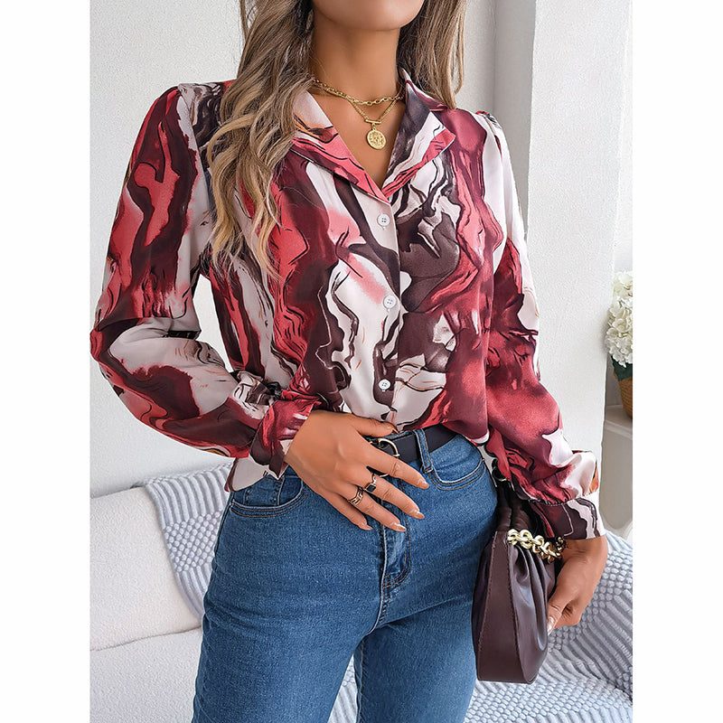 Printed Button Down Shirt - Women's Fall Tops With V Neck & Long Sleeves