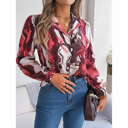 Printed Button Down Shirt - Women's Fall Tops With V Neck & Long Sleeves