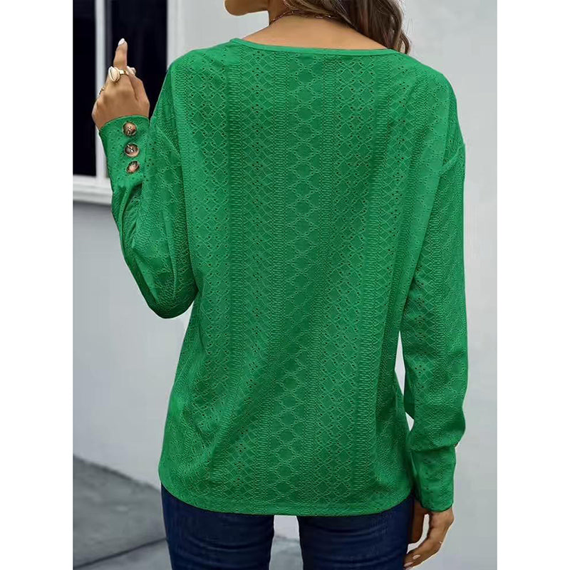 Women Eyelet Blouse - Long Sleeve V Neck Top | Casual Loose Fall Shirt