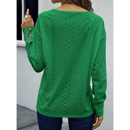 Women Eyelet Blouse - Long Sleeve V Neck Top | Casual Loose Fall Shirt