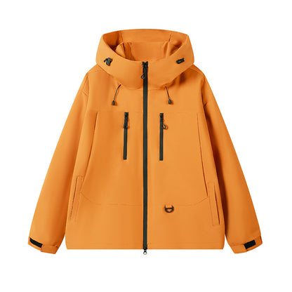 Orange hooded outdoor jacket with black zipper and adjustable drawstrings