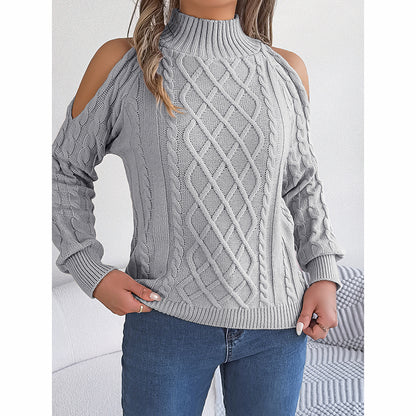 Women's Cold Shoulder Pullover - High Neck Long Sleeve Lightweight Sweater Top