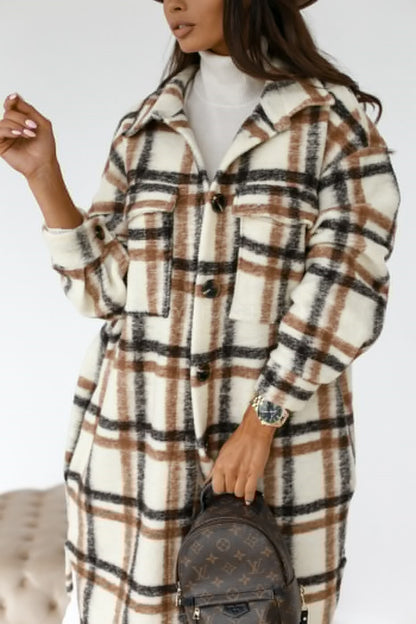 Woolen Coat - Casual Plaid Medium Length Button Front Outerwear