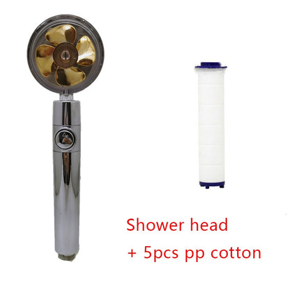 Chrome handheld shower head with brass fan design and 5 white PP cotton filters