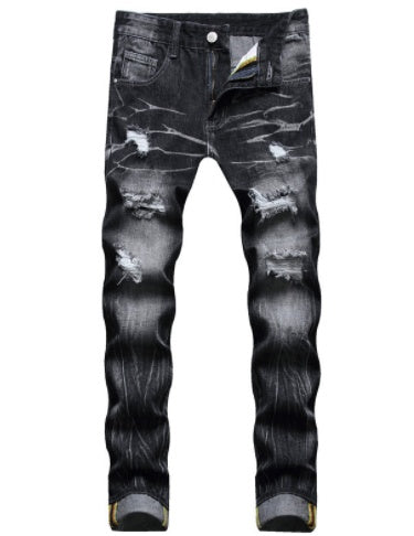 Vintage Distressed Denim Jeans - Men's Classic Cotton Trousers Pants