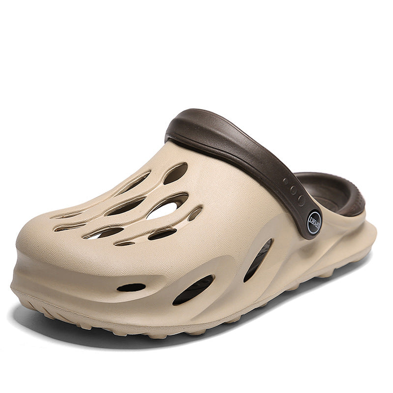 Beige and brown slip-on foam clog with ventilation holes and adjustable strap