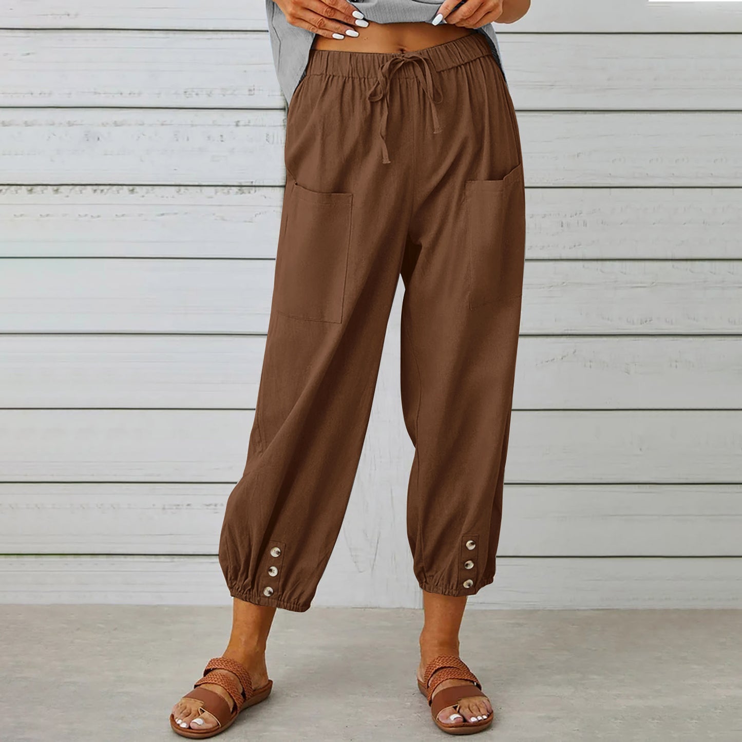 Cotton Linen Pants - Women's Drawstring Waist Trousers With Pockets & Buttons