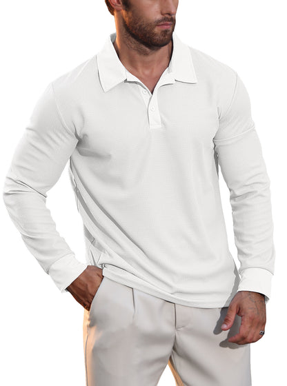 Man wearing white textured long-sleeve polo shirt and light beige trousers