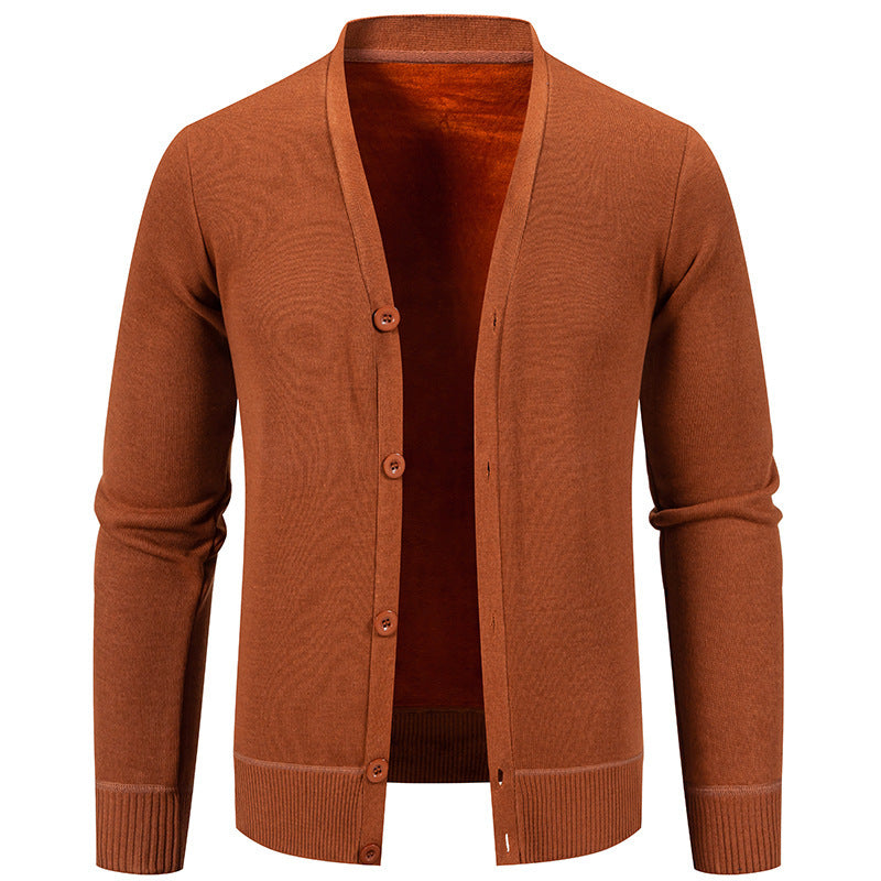 rust brown men's button-up cardigan sweater with ribbed cuffs and hem isolated on white