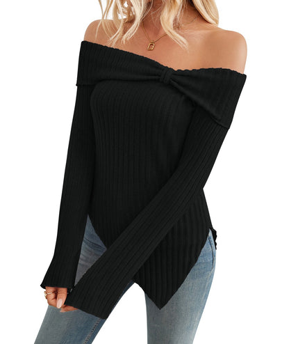 One Shoulder Sweater - Trendy Ribbed Knit Top With Bow Tie And Slim Fit