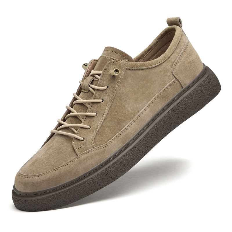 Beige suede casual sneaker with lace-up detail and thick textured dark sole on white background