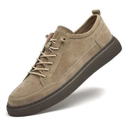 Beige suede casual sneaker with lace-up detail and thick textured dark sole on white background