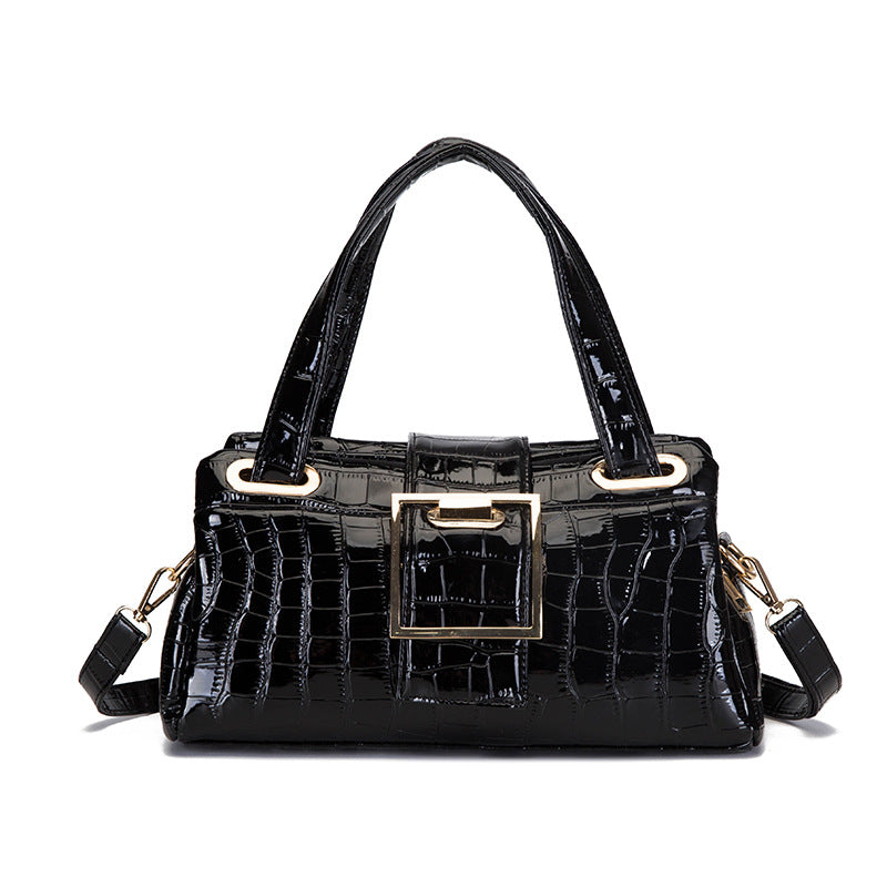Black crocodile pattern leather handbag with gold buckle and detachable shoulder strap