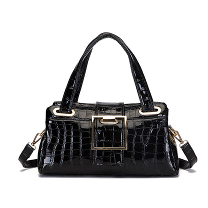 Black crocodile pattern leather handbag with gold buckle and detachable shoulder strap