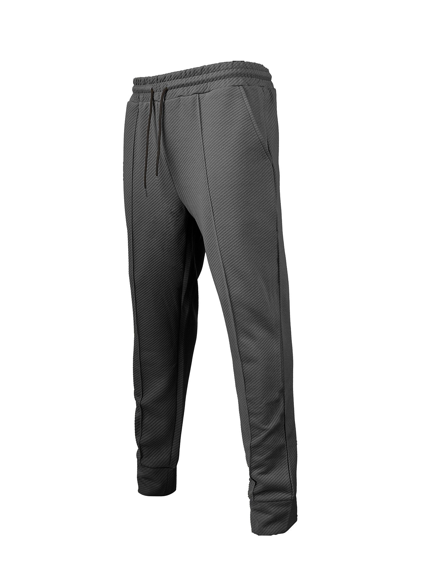 Gray textured jogger pants with elastic waistband and drawstring isolated on white