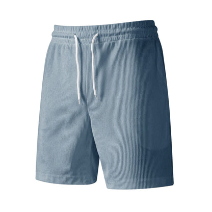 Light blue corduroy men's shorts with elastic waistband and white drawstrings