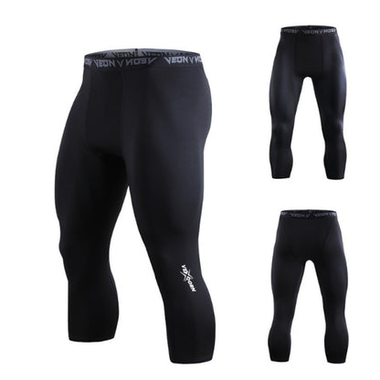 Black men's compression capri leggings with VEON logo on leg and waistband, front and back views
