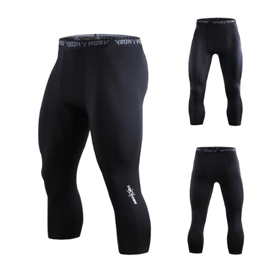 Black men's compression capri leggings with VEON logo on leg and waistband, front and back views