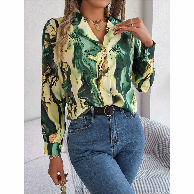 Printed Button Down Shirt - Women's Fall Tops With V Neck & Long Sleeves