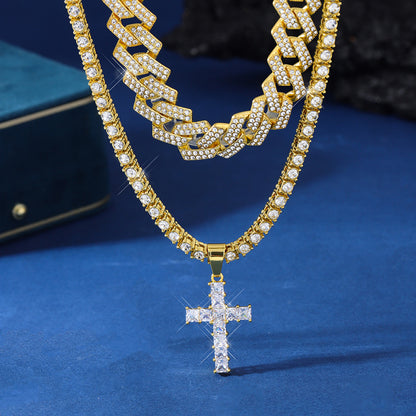 Cross Pendant Necklace | Cuban Link Chain Iced Out Rhinestone Jewelry For Men & Women