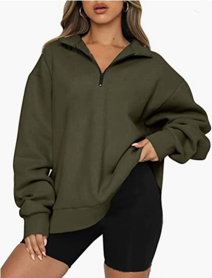 Women Zip Sweatshirt - Loose Pullover With Turndown Collar | Casual Tops