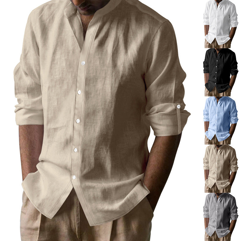 Men's casual linen button-down shirt in beige with rolled sleeves, shown with color options white, black, blue, beige, and gray