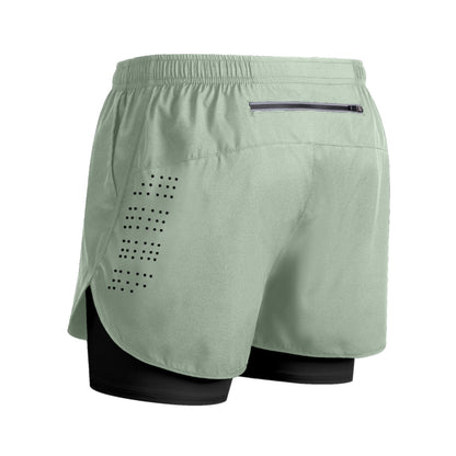 Light green men's athletic shorts with black inner compression layer and zippered back pocket