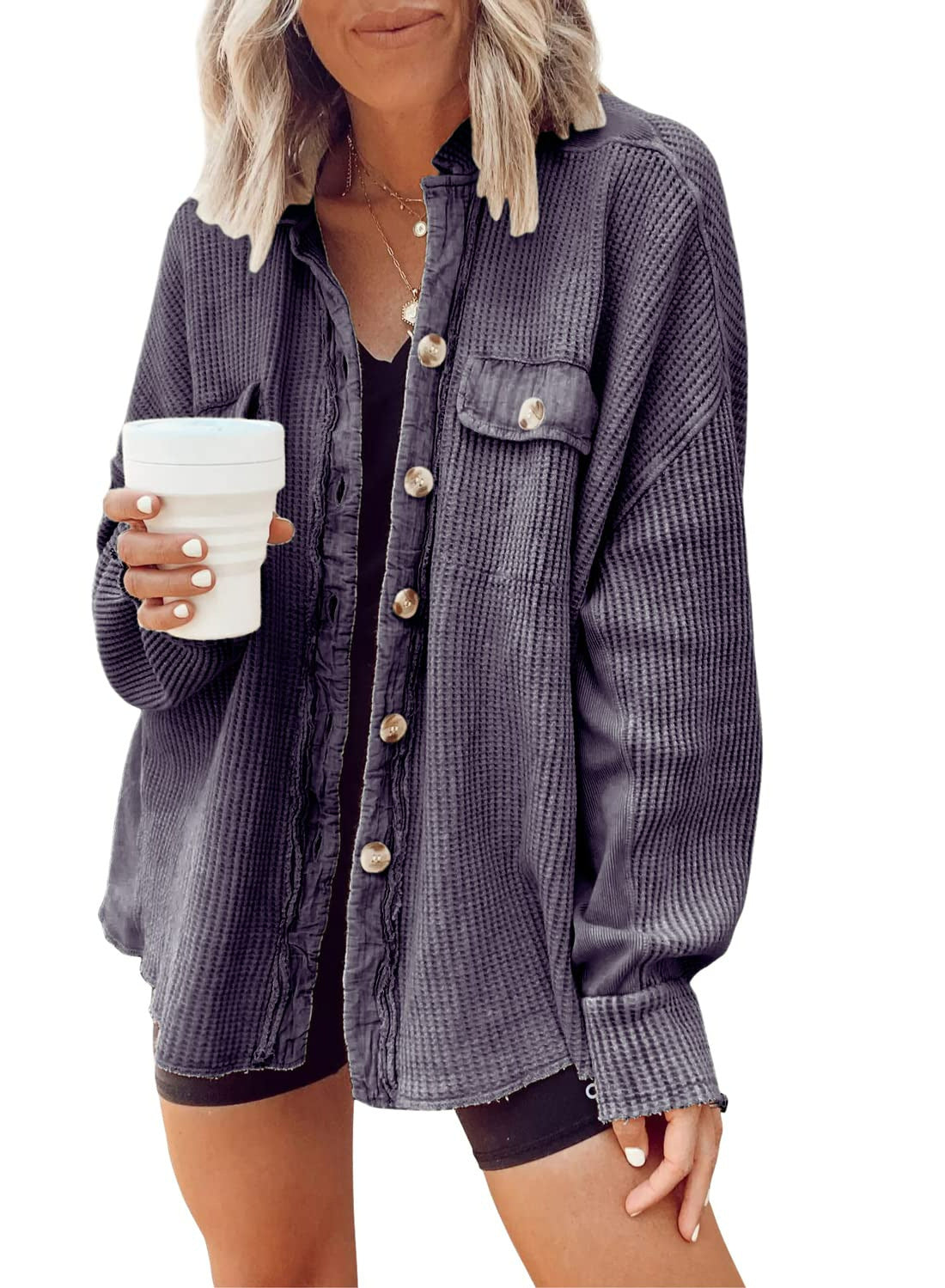 Button Shirt Jacket Women - Lapel Long Sleeve Fashion Jacket Tops