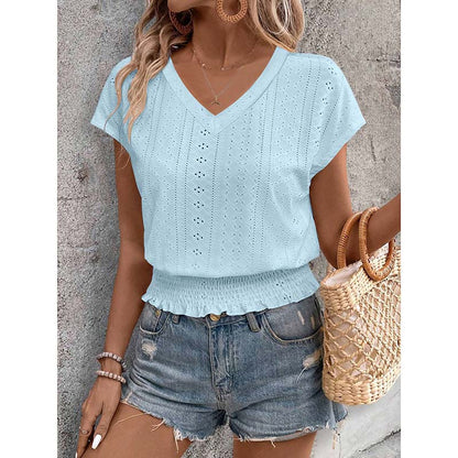 Women Summer Eyelet Top - Casual V Neck Blouse With Smocked Elastic Hem