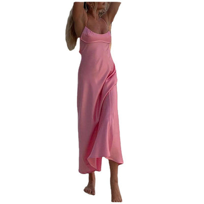 Satin Slip Dress - Elegant Long Summer Dress With Backless Sleeveless Design