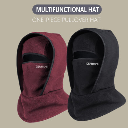 Multifunctional one-piece pullover hats in burgundy and black fleece with face covers